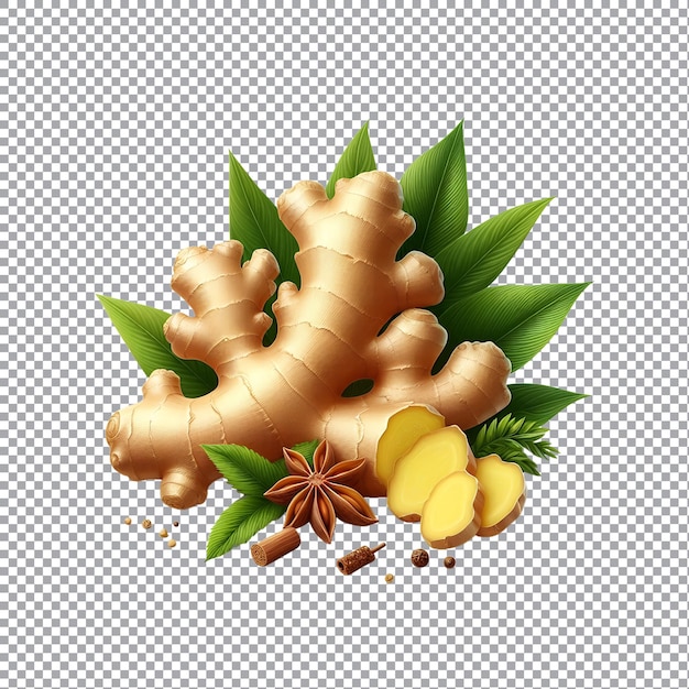 Fresh ginger with leaf isolated on a transparent background