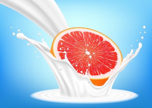 Fresh grapefruit in a splash of milk on a blue background Grapefruit half falls into milk yogurt sour cream splash Realistic 3d vector illustration