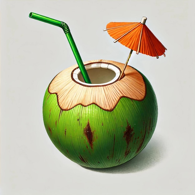 Vector fresh green coconut with straw and umbrella