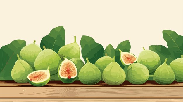 Vector fresh green figs composition on wooden background