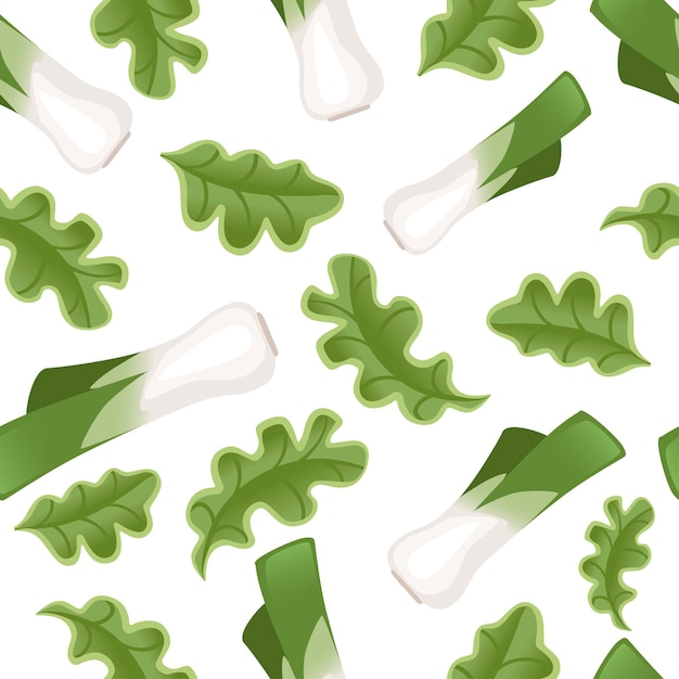 Fresh green leek with green lettuce seamless pattern flat vector illustration on white background.