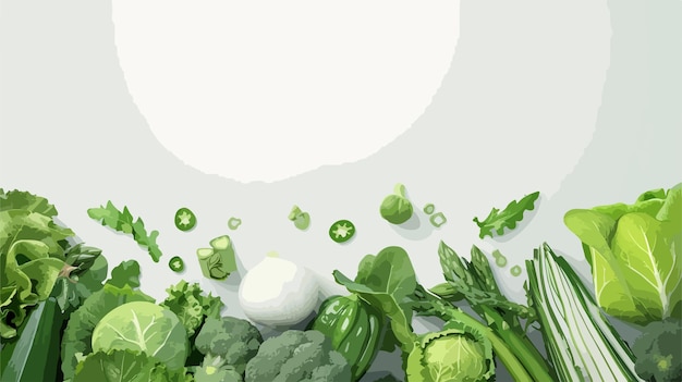 Vector fresh green vegetables arranged on white background with copy space