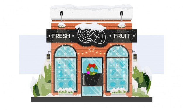 Fresh grocery storefront with Christmas wreath and garlands and snow isolated on white.