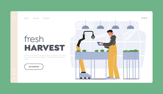 Vector fresh harvest landing page template farmer character planting seedlings using automated cyborg robotics technologies