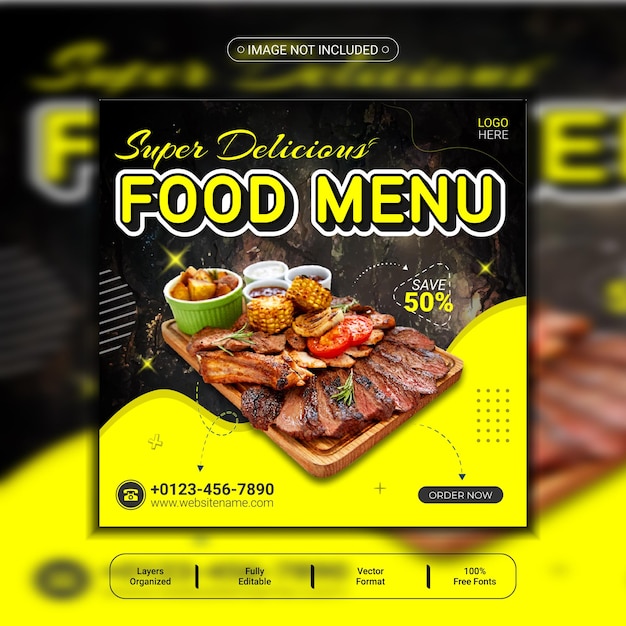 Fresh and healthy food menu social media post banner or editable square food banner template