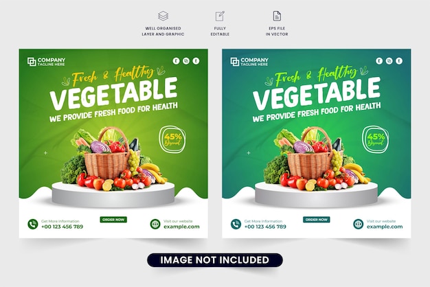 Fresh and healthy food menu and vegetable sale social media post vector with green and yellow colors Organic vegetable promotional web banner design Healthy food business template for marketing