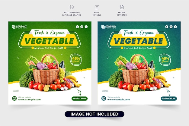 Fresh and healthy food promotional poster design for social media marketing Organic vegetable business advertisement web banner vector Vegetable social media post design with green backgrounds