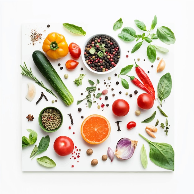 Vector fresh healthy vegetables fruits spices and herbs on a white background a colorful culinary pres