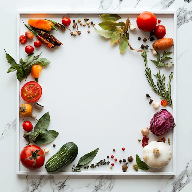 Vector fresh healthy vegetables and spices arranged in a square frame on a white background with vibrant