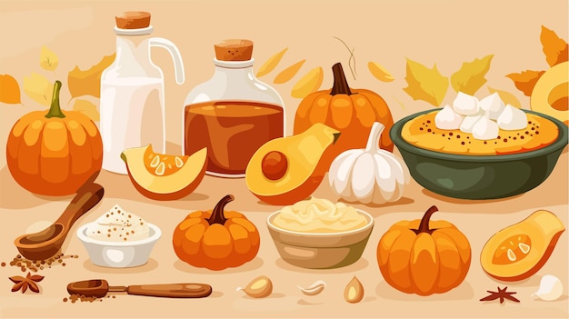 Fresh Ingredients for Pumpkin Pie Preparation on Beige Background