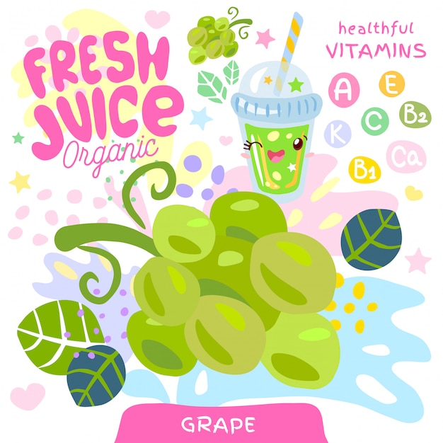 Fresh juice organic glass cute kawaii character. Abstract juicy splash fruit vitamin funny kids style. Grape yogurt smoothies cup.   illustration.