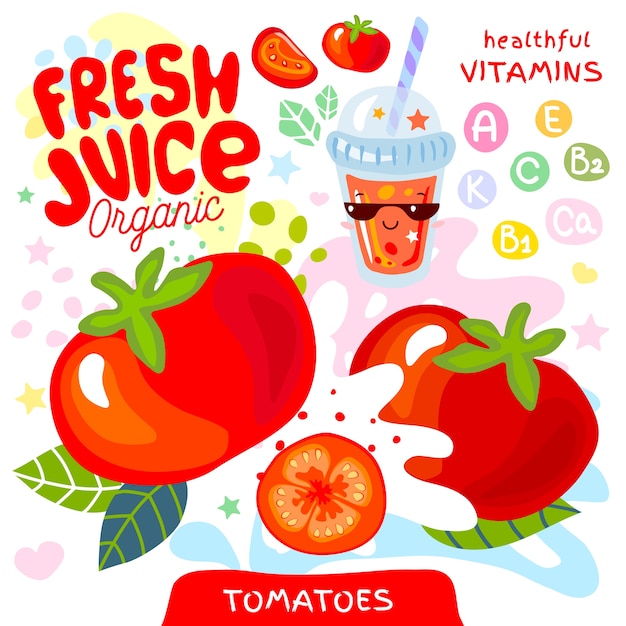 Fresh juice organic glass cute kawaii character. Abstract juicy splash vegetables vitamin funny kids style. Tomato vegetable tomatoes smoothies cup.   illustration.