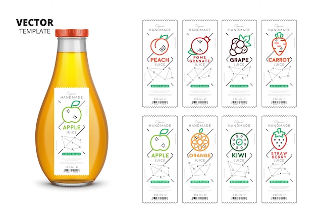 Vector fresh juice realistic glass bottle packaging with labels set