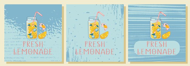 Vector fresh lemonade with mint and ice cubes. lemon slices, mint leaves. vector illustration with textures.