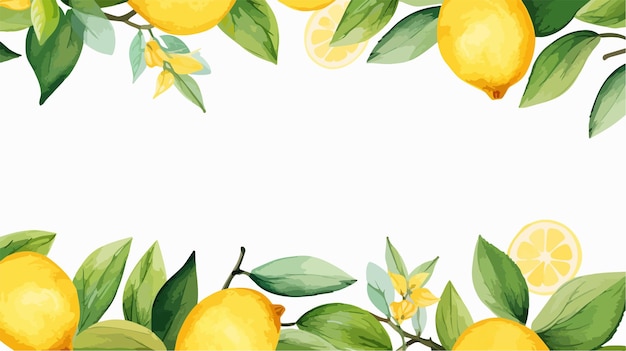 Vector fresh lemons with green leaves and lemon slices frame