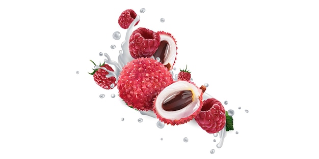 Fresh lychee and raspberries in milk splashes on a white background.