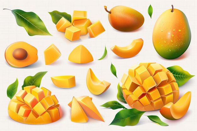 Vector fresh mango fruits and green leaves isolated on white set