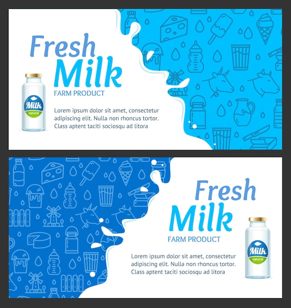 Fresh Milk Banner Horizontal Set with Realistic Detailed 3d and Thin Line Elements Vector