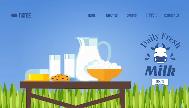 Fresh milk and dairy products,  illustration. Website template, landing page design. 