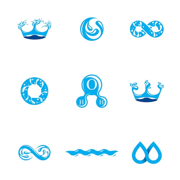 Fresh mineral water design emblems like water drops, H2O symbols, wave splash and limitless logotypes. Cleaning services business logos, water treatment concept.