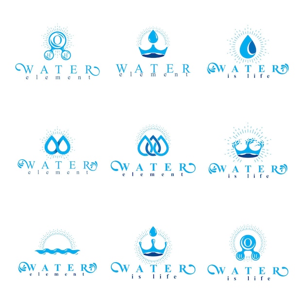 Fresh mineral water design emblems like water drops, H2O symbols, wave splash and limitless logotypes. Cleaning services business logos, water treatment concept.