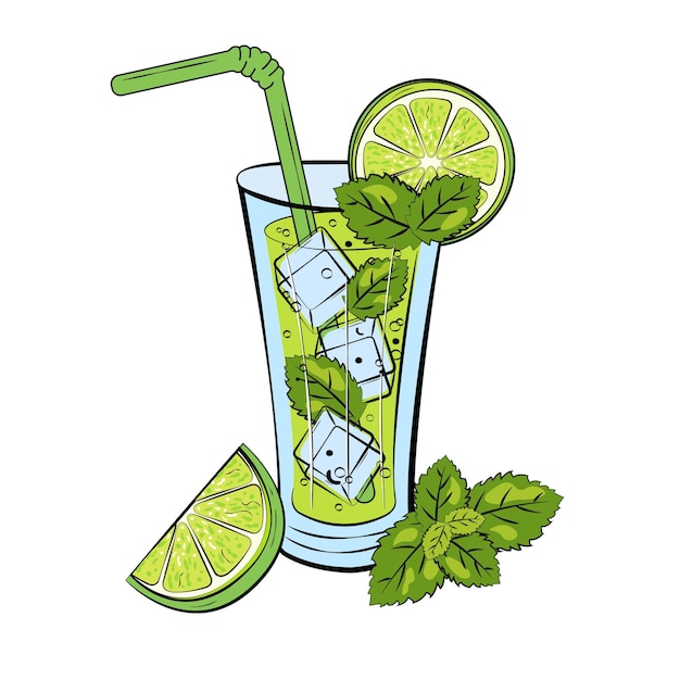 Fresh mojito cocktail doodle style Glass lime wedge mint leaf ice drink straw Vector