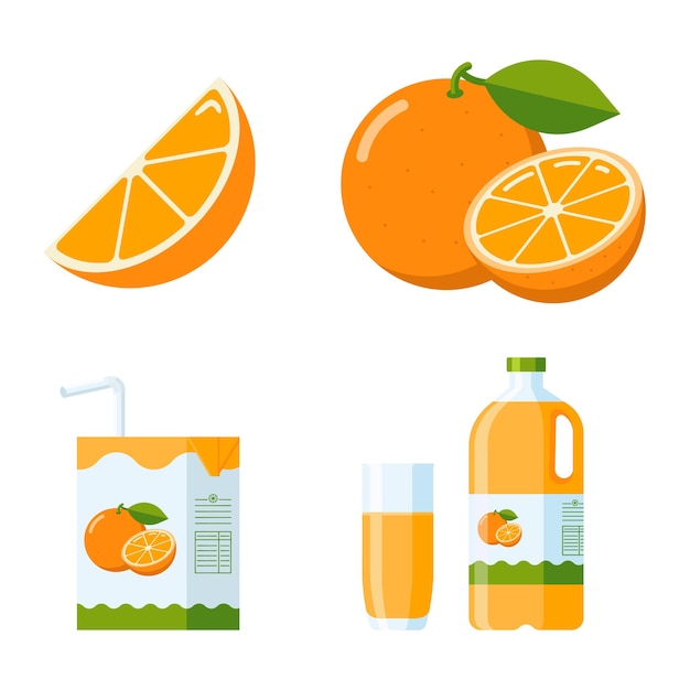 Fresh Orange Fruit and Juice Set. Flat Style collection: orange slice and whole fruit, orange juice packages (carton, glass, Plastic bottle). Premium vector