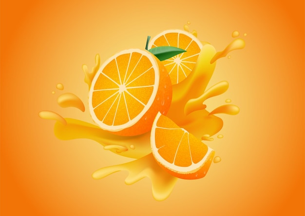 Fresh orange sliced and splashing on orange background isolated vector illustration