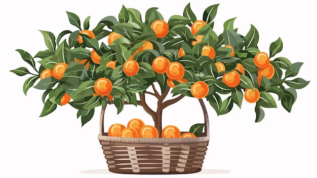 Fresh Orange Tree with Filled Basket on White Background