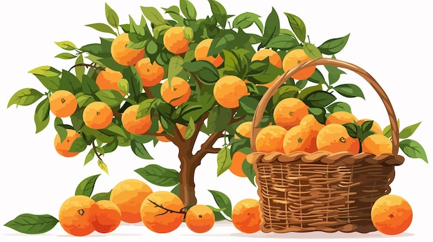 Vector fresh orange tree with filled basket on white background