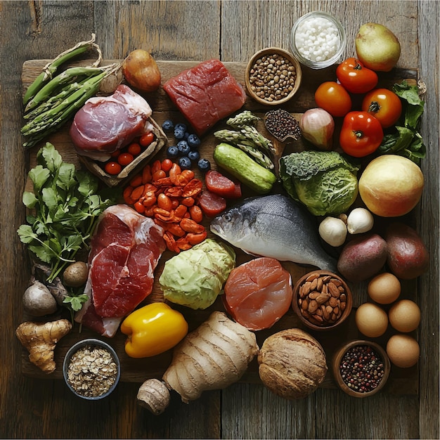 Fresh Organic Variety Meat Fish Vegetables Fruits Nuts Seeds Healthy Eating Concept Balanced Diet