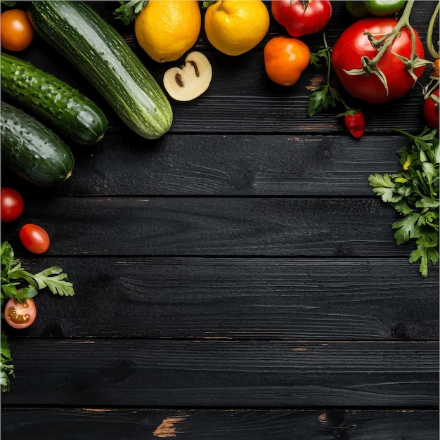 Fresh Organic Vegetables and Fruits on Dark Wooden Background with Space for Text Healthy Eatin