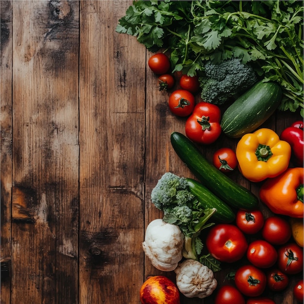 Fresh Organic Vegetables and Fruits on Wooden Tabletop Background