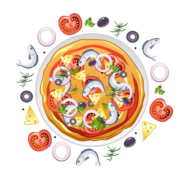 Fresh Pizza with various ingredients. Top view Pizza whole with anchovies, tomatoes, onions, cheese, onions and olives. Italian pizza. Vector illustration