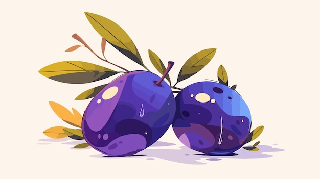 Vector fresh purple plums with green leaves ripe and sweet