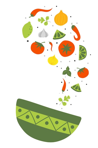 Fresh raw ingredients for mexican tomato sauce salsa fall into the bowl Flat vector illustration