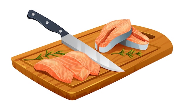 Vector fresh raw salmon fish fillets and steaks with knife on cutting board vector illustration