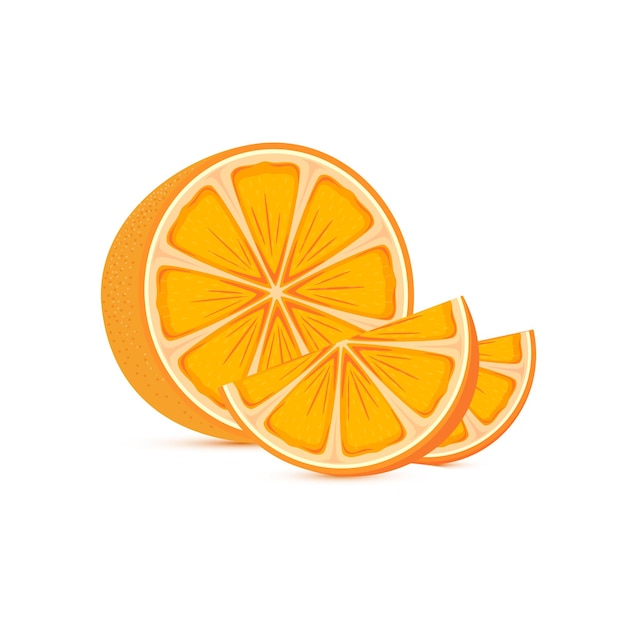 Fresh ripe orange and slices isolated on white background illustration