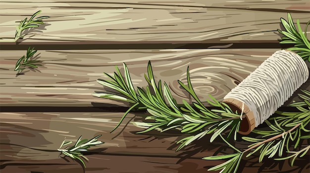 Vector fresh rosemary and thread on wooden background