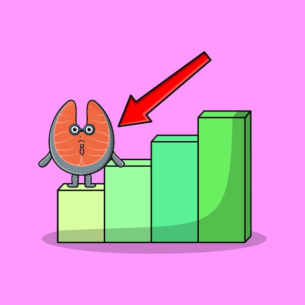 Fresh salmon cute businessman mascot character with a deflation chart cartoon style design