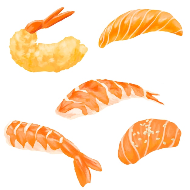 fresh sashimi salmon shrimp and ebi furai menu illustration