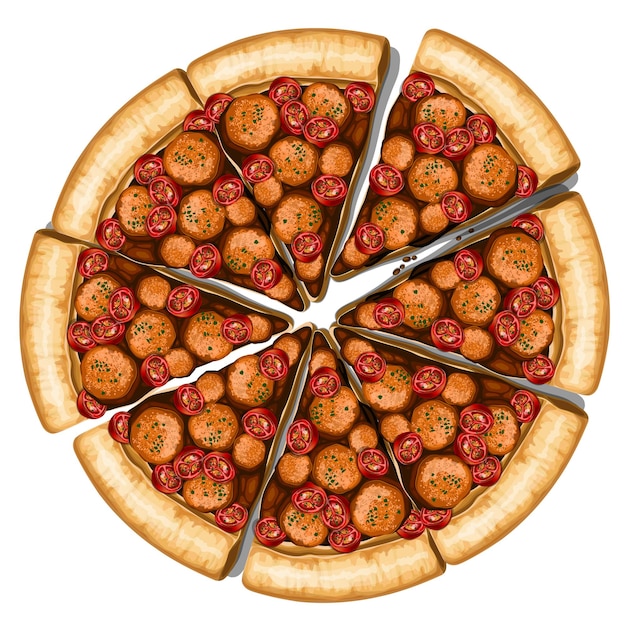 Fresh sausage pizza isolated on white background top view