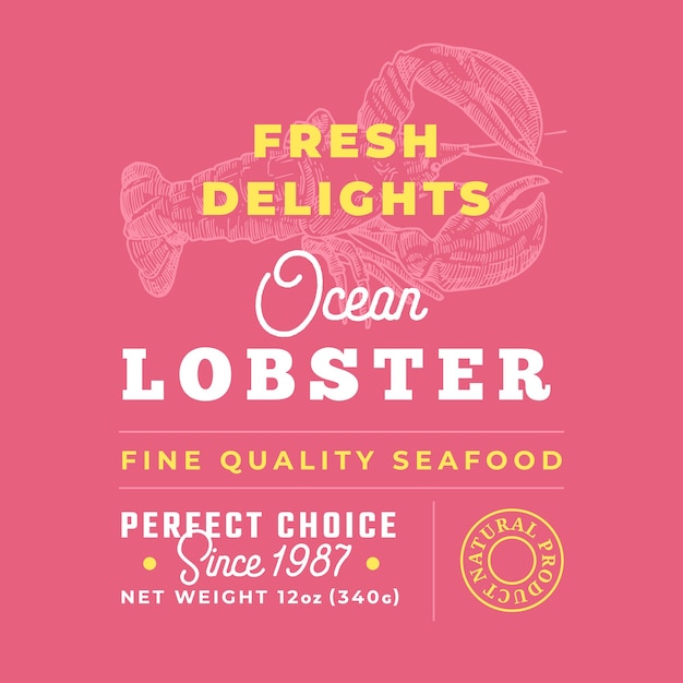 Fresh Seafood Delights Premium Quality Label. Packaging Design Layout.