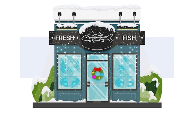 Fresh seafood storefront with Christmas wreath and garlands and snow isolated on white.