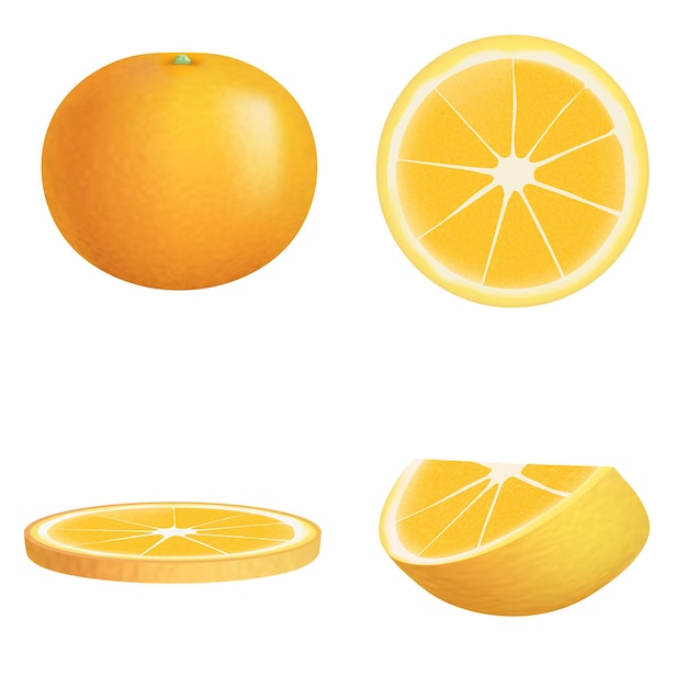 Fresh sliced and whole orange realistic set. Vector illustration isolated on white background.