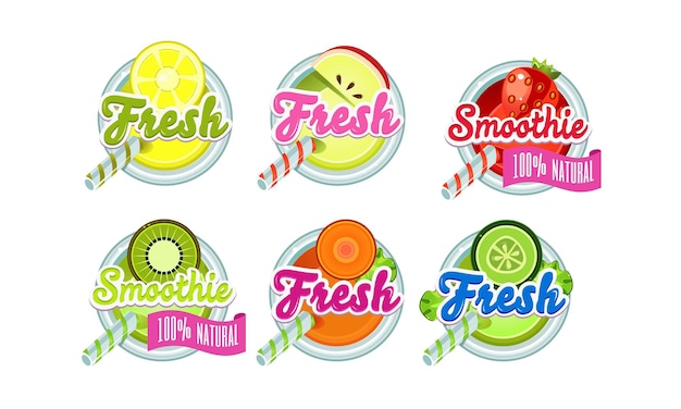 Fresh smoothies logo set lemon apple strawberry kiwi orange lime fresh drink badges vector