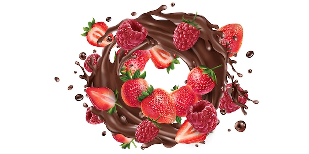 Fresh strawberries and raspberries in a chocolate splash.