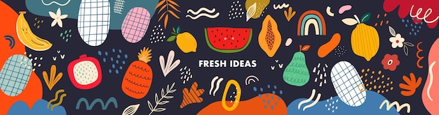 Fresh stylish template with abstract elements, doodles and fruits.