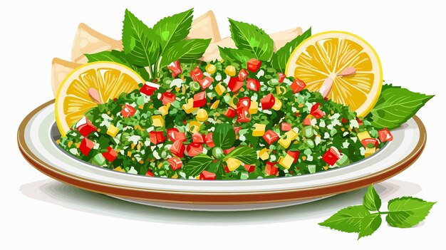 Vector fresh tabbouleh salad on plate with lemon slices