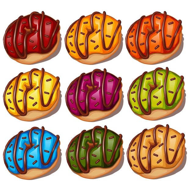 fresh tasty donuts on white background, top view